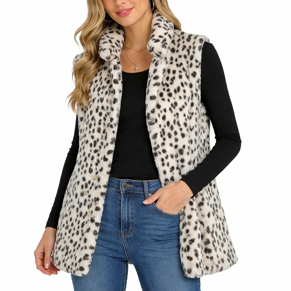 V Cristina Dalmatian Faux Fur Vest‎ White Black Animal Print Button Front Medium